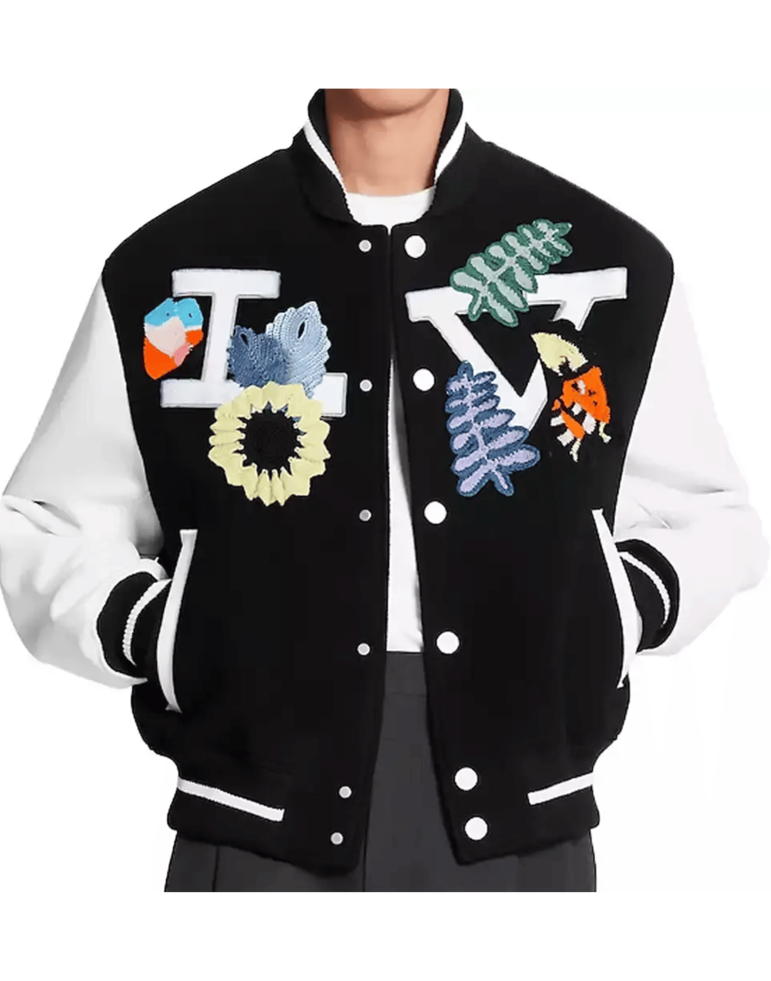 Black Louis Vuitton Crochet Flowers Varsity Jacket