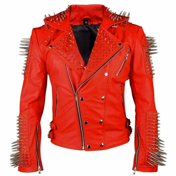 Red Punk Spikes Leather Jacket