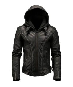 Men's Black Hooded Biker Leather Jacket