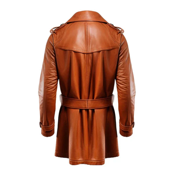 Tan Classical Long Leather Winter Coat - Image 2