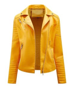 Women's Yellow Lapel Collar Biker Leather Jacket