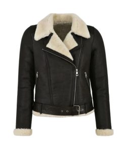 Women Black Genuine Faux Shearling Biker Leather Jacket