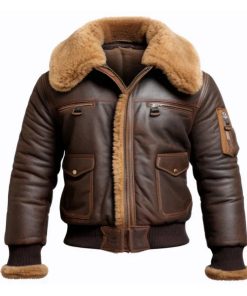 Men's Aviator Lapel Brown Faux Shearling Bomber Leather Jacket