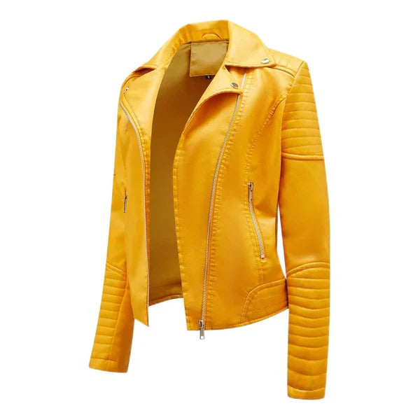Women's Yellow Lapel Collar Biker Leather Jacket - Image 2