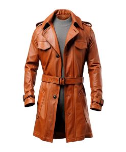 Tan Classical Long Leather Winter Coat