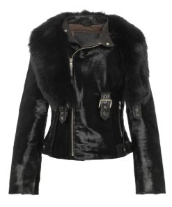 Women's Balck Tara Calf Shearling Fur Leather Jacket