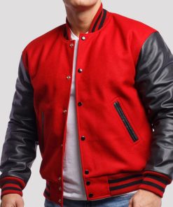 Scarlet Red Wool Varsity Jacket with Black Leather Sleeves
