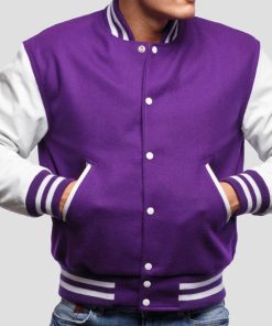 Purple Wool Varsity Jacket with Bright White Leather Sleeves