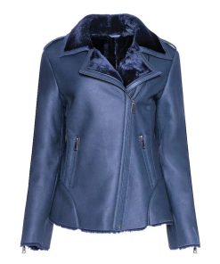 Women's Blue Shearling Straight Leather Jacket