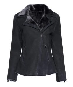 Women's Black Shearling Straight Moto Leather Jacket