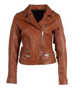 Women’s Tan Brown Burnt Fringe Leather Jacket