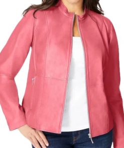 Women's Pink Front Zip Leather Jacket