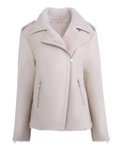 Women's White Shearling Straight Moto Leather Jacket