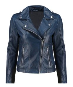 Women's Blue Handwaxed Zip-Up Moto Leather Jacket