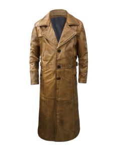 Below Knee Distressed Vintage Brown Long Leather Coat