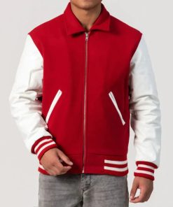 Scarlet Wool Varsity Jacket with White Leather Sleeves and Byron Collar