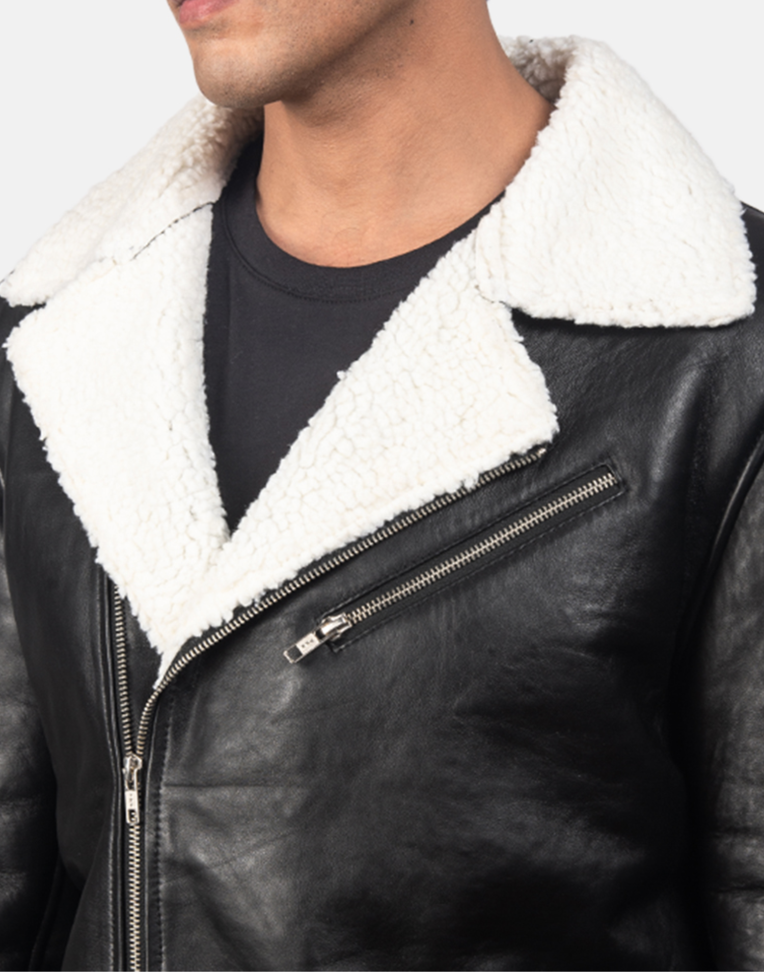 Alberto White Shearling Black Leather Jacket - Image 3