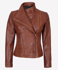 Women's Cognac Asymmetrical Leather Moto Jacket