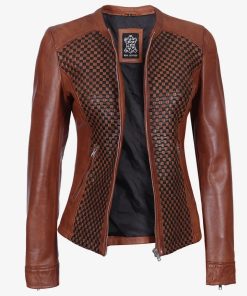 Women's Textured Brown Leather Cafe Racer Jacket