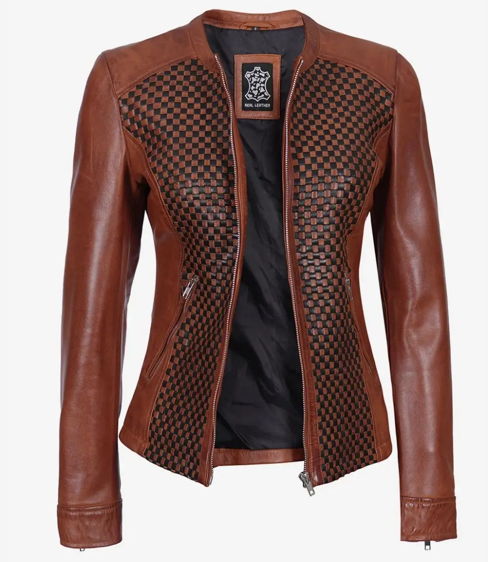 Women's Textured Brown Leather Cafe Racer Jacket