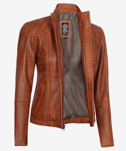Acerra Women's Cognac Brown Cafe Racer Real Leather Jacket