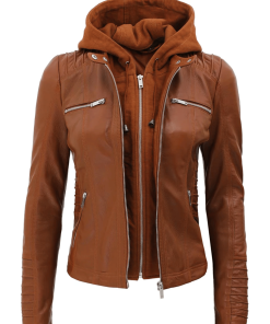 Womens Brown Racer Leather Jacket With Removable Hood