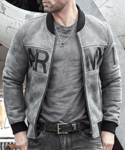 Grey Sheepskin Army Shearling Bomber Jacket