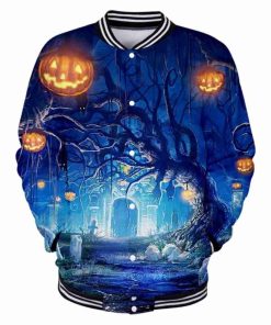Halloween Blue Pumpkin Print Varsity Jacket