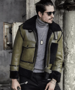 Mens Green RAF Flying Pilot Shearling Leather Jacket