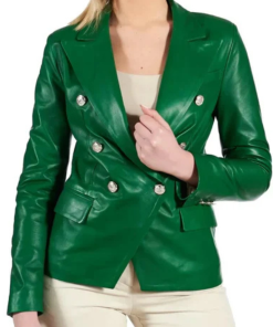 Women's Double Breasted Green Leather Coat