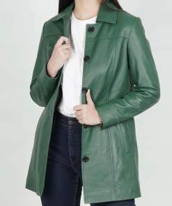 Women's Real Leather 3/4 Length Button Down Green Coat