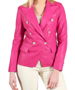 Women's Double Breasted Pink Leather Coat