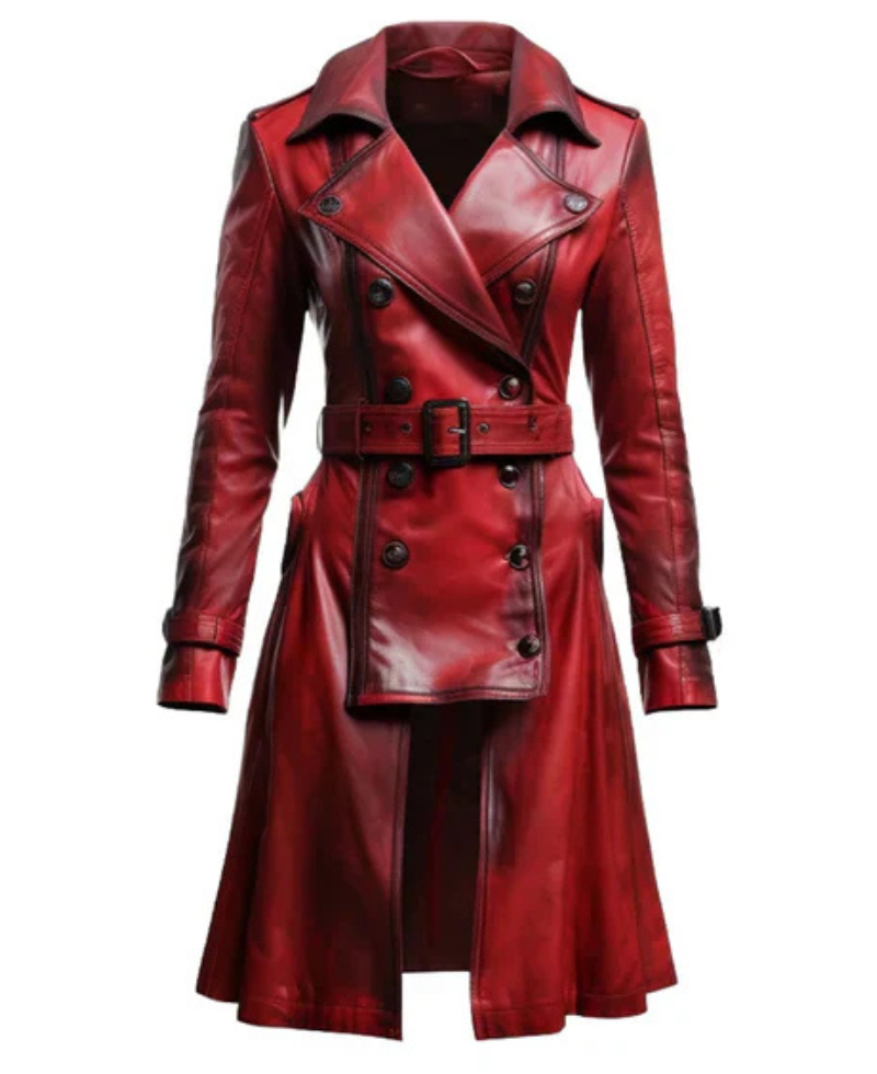 Women's Red Vire Long Leather Coat