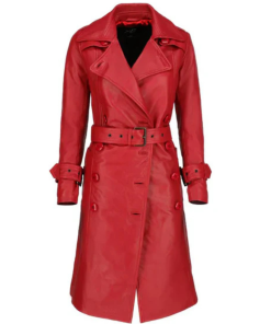 Women's Red Double-Breasted Leather Coat
