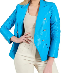 Women's Double Breasted Blue Leather Coat