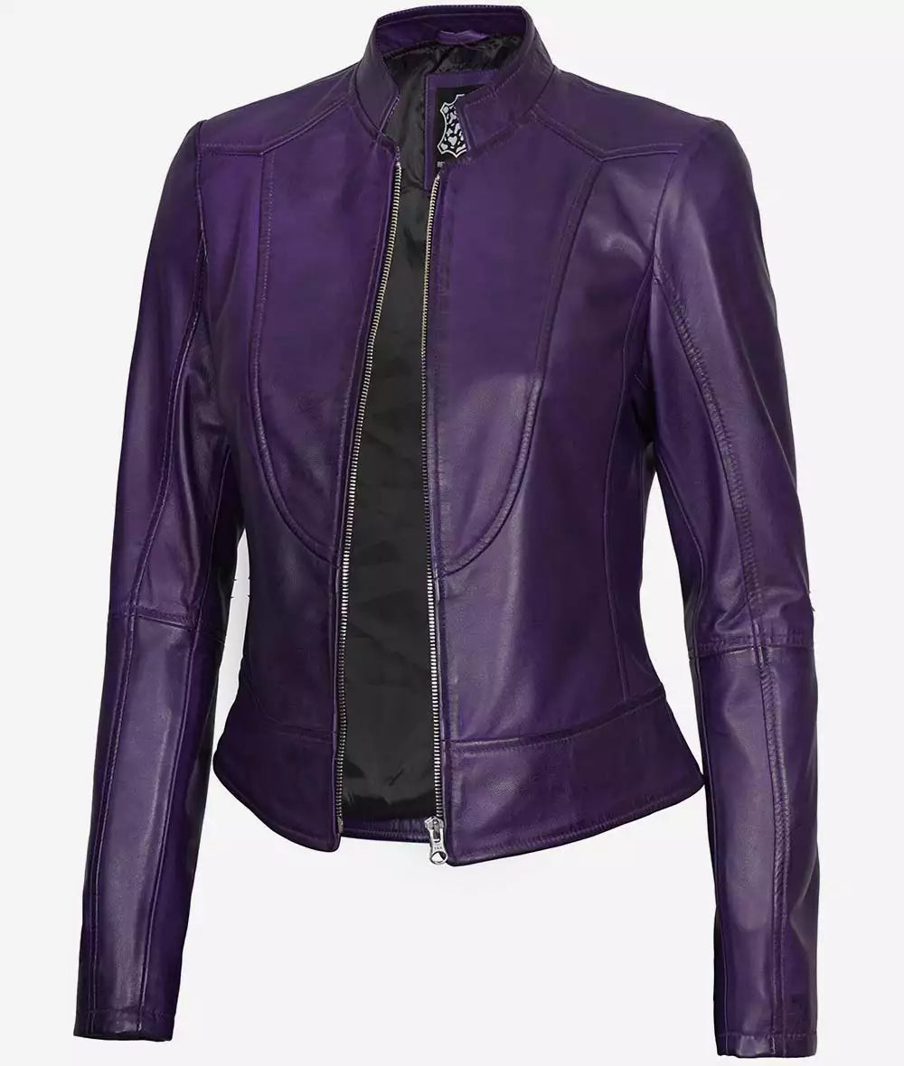 Women's Modern Purple Fit Biker Leather Jacket - Image 2