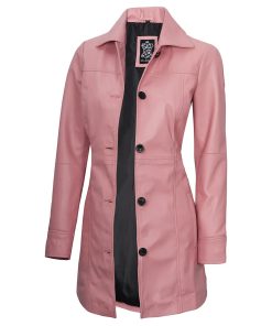 Women's Pink Button Down Real Leather Car Coat