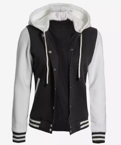 Women's White and Black Hooded Varsity Jacket - Letterman Style
