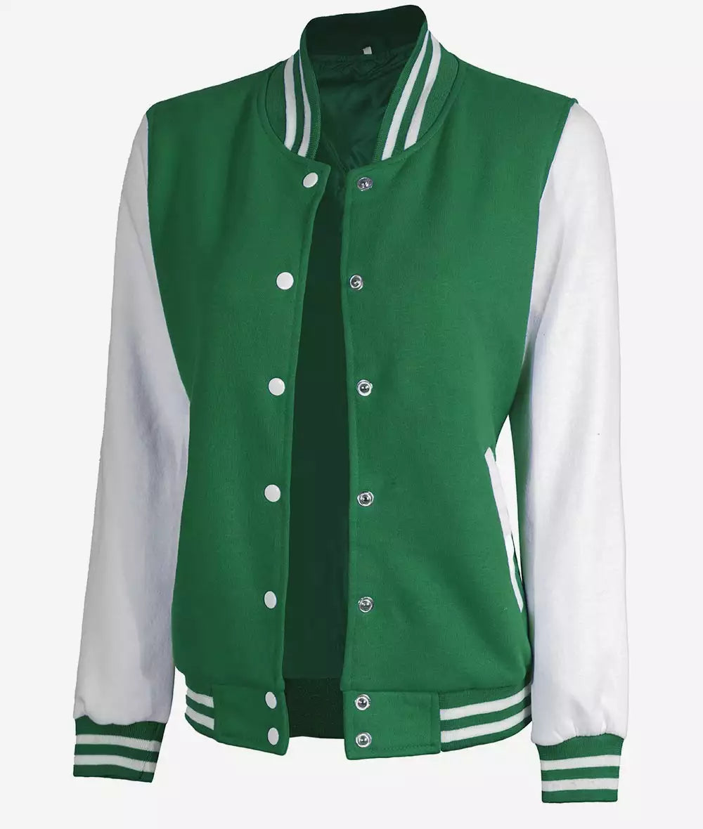 Women's White and Green Letterman Bomber Jacket - Baseball Style - Image 2