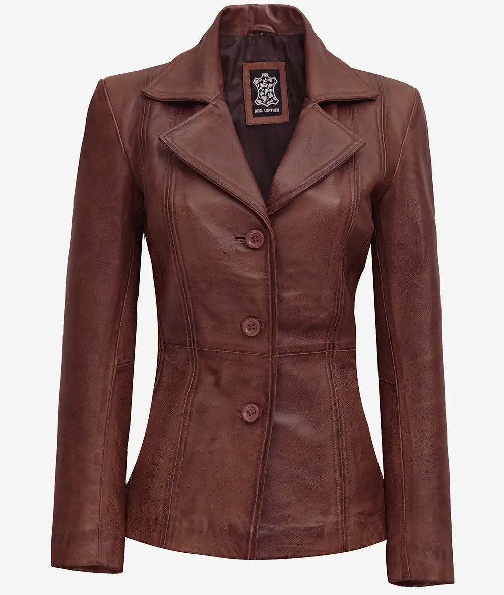 Women's Cognac Button Down Leather Blazer - Image 2