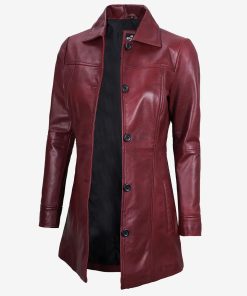 Women's Maroon Button Down Leather Car Coat