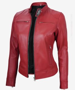 Women's Red Real Leather Moto Jacket