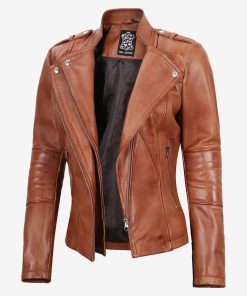 Women's Asymmetrical Tan Moto Leather Jacket