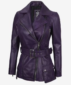 Women's Purple Asymmetrical Belted Moto Leather Jacket