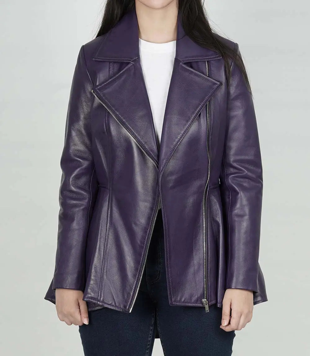 Women's Purple Asymmetrical Peplum Leather Jacket