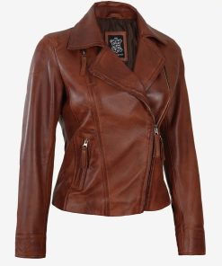 Women's Asymmetrical Cognac BrownLeather Biker Jacket