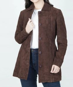 Women's Dark Brown Button Down Suede Coat