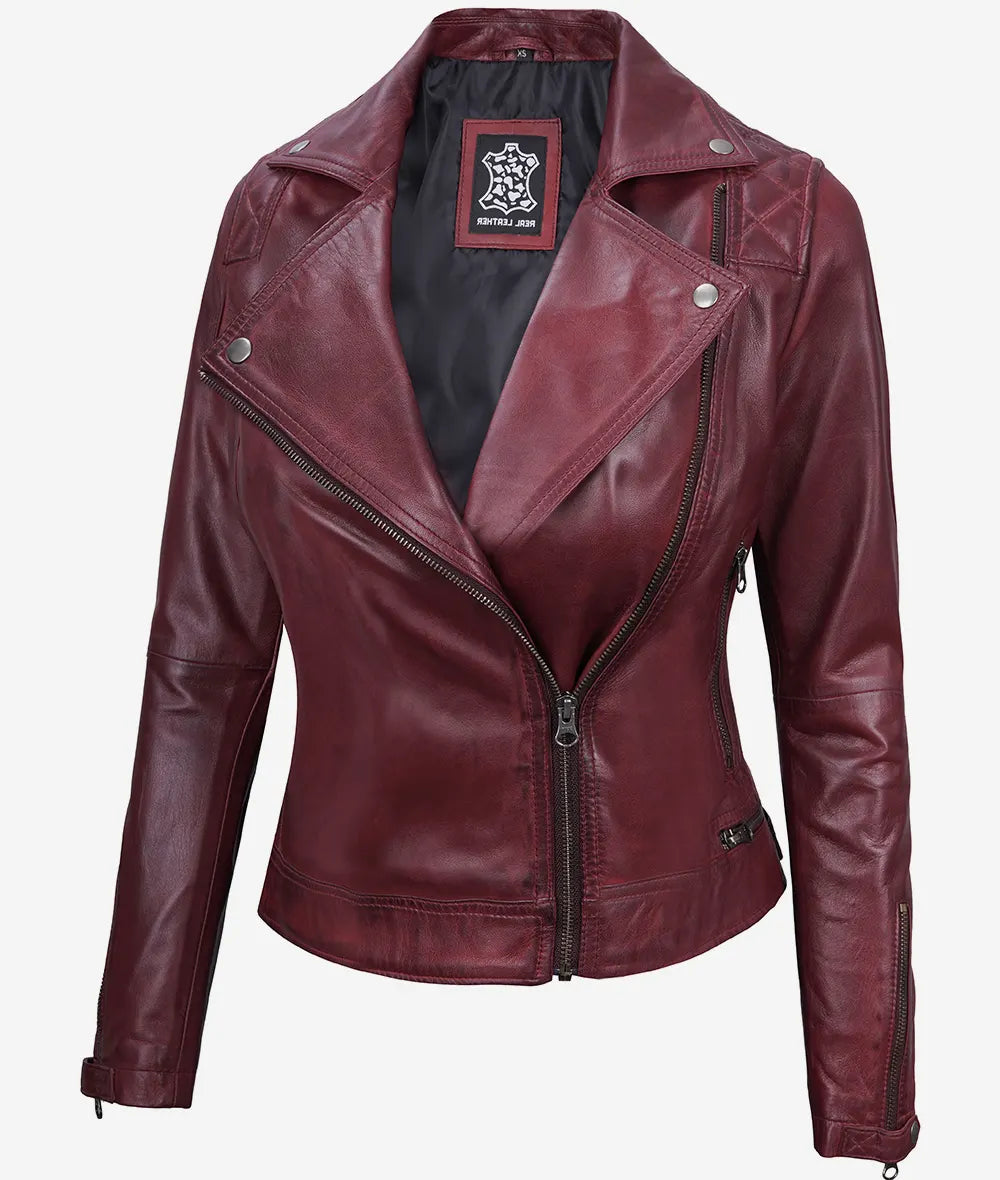 Women's Maroon Real Lambskin Moto Leather Jacket