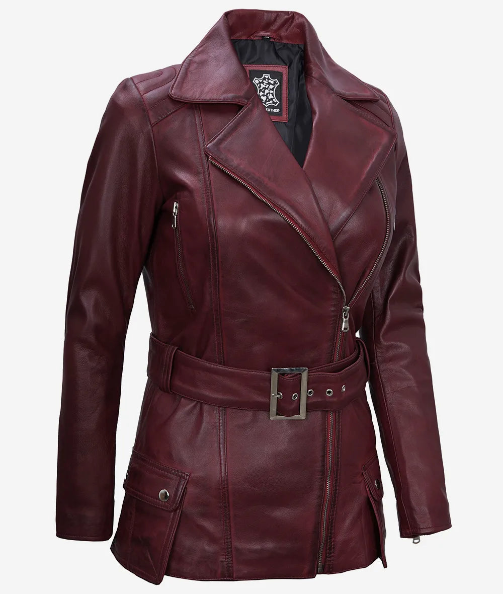 Women's Maroon Asymmetrical Moto Leather Belted Jacket