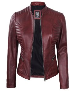 Women's Maroon Cafe Racer Leather Jacket